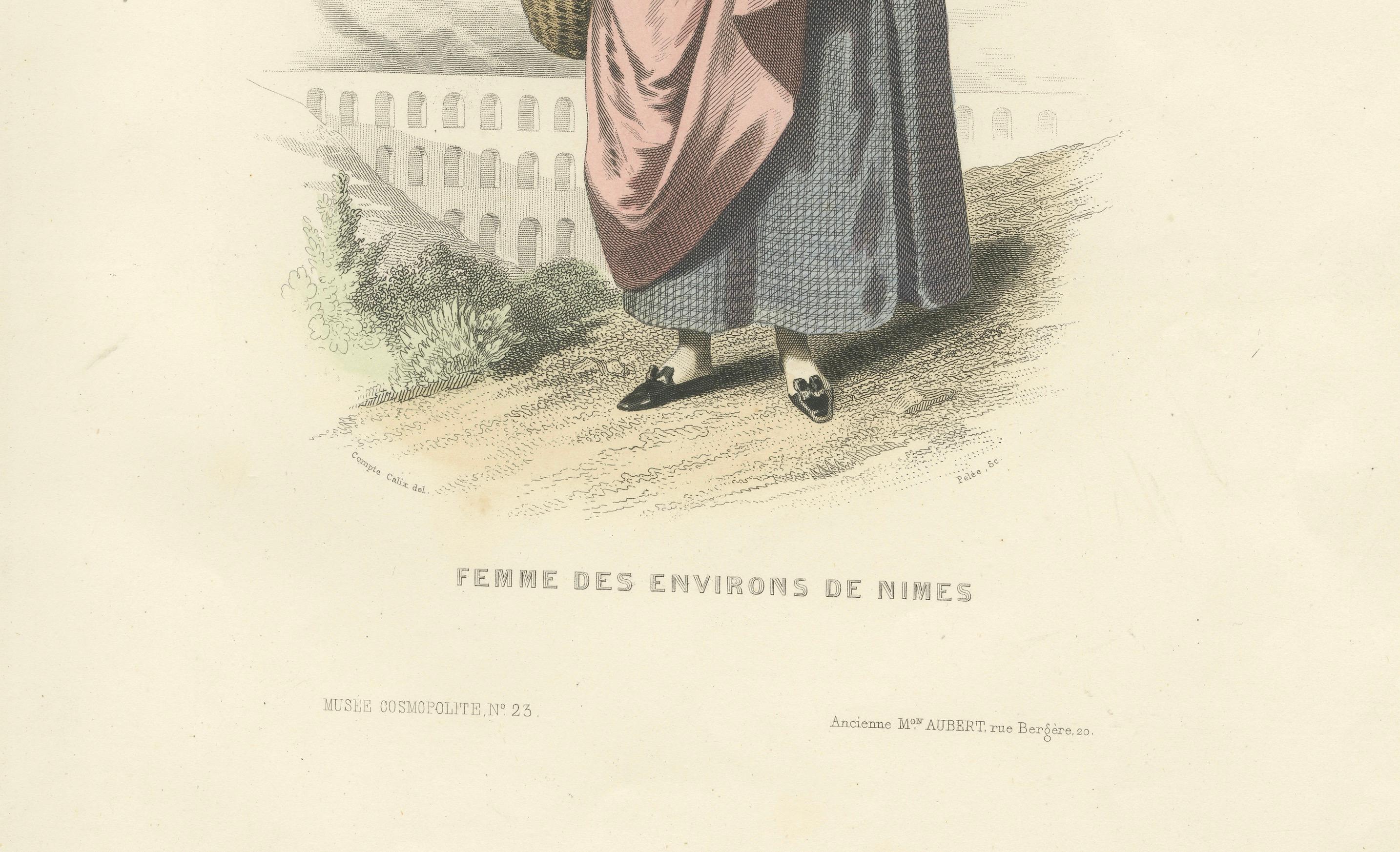 Französische Frau Druck Nîmes Region 1853 von Compte-Calix - Handkolorierte Lithographie im Zustand „Gut“ im Angebot in Langweer, NL