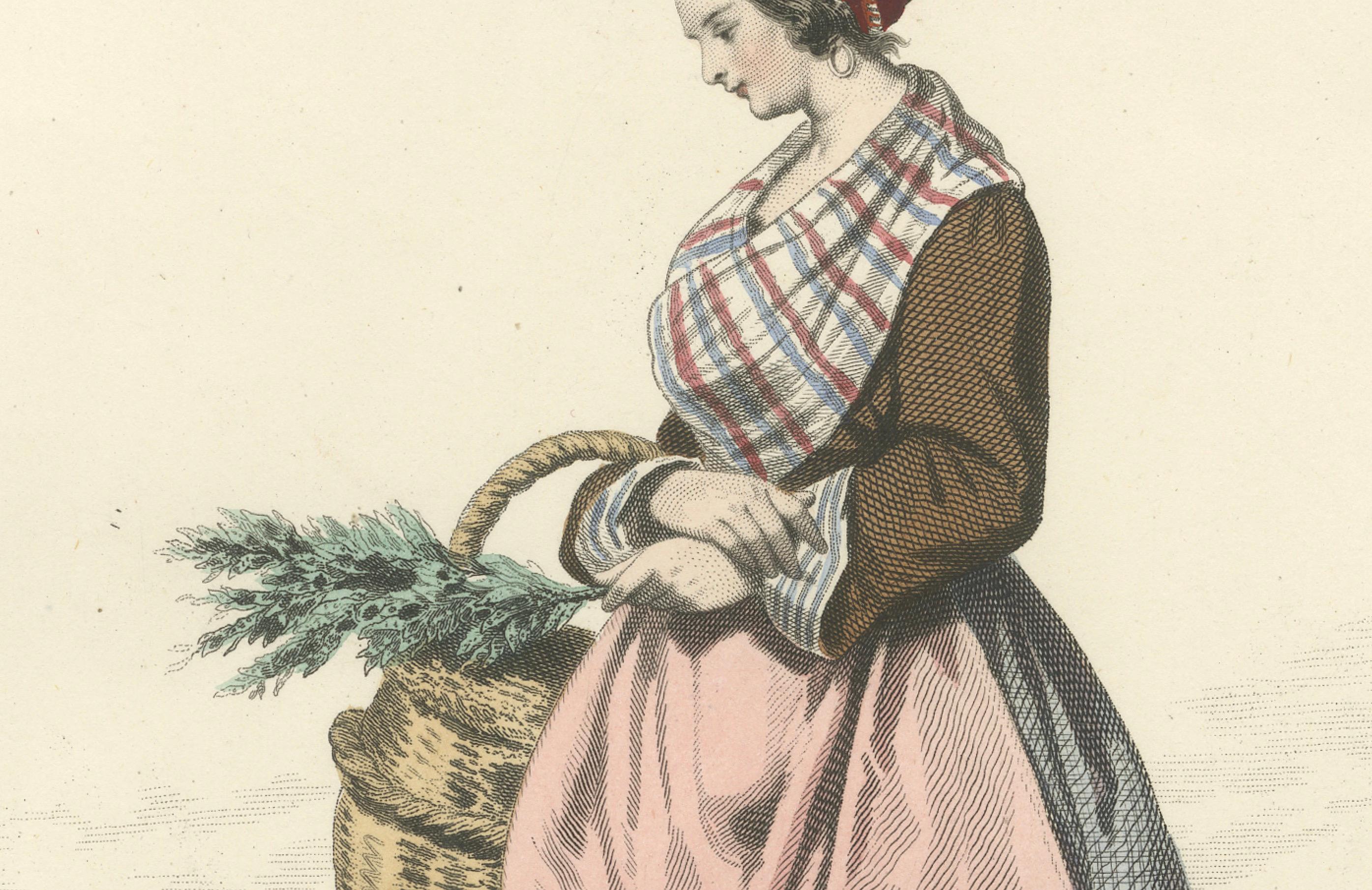 Französische Frau Druck Nîmes Region 1853 von Compte-Calix - Handkolorierte Lithographie (Papier) im Angebot