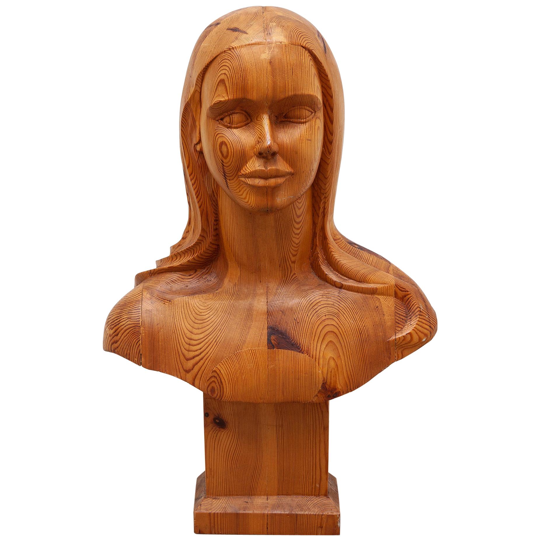 French Women Bust Sculpture "Marianne" Godess of Liberty in Solid Wood, 1960s For Sale