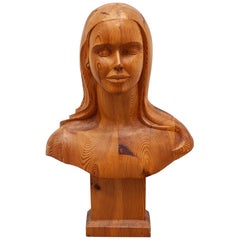 French Women Bust Sculpture "Marianne" Godess of Liberty in Solid Wood, 1960s