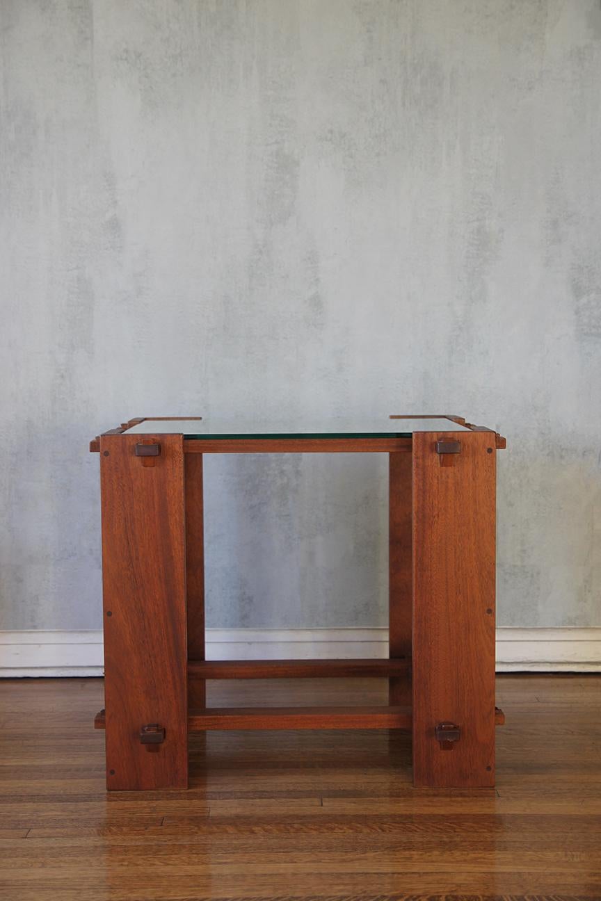 Mid-Century Modern French wood and glass side table, 1970s in the manners of Pierre Chapo  For Sale