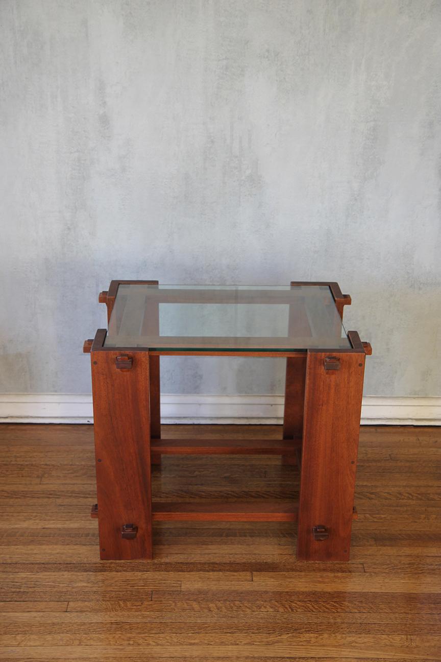 French wood and glass side table, 1970s in the manners of Pierre Chapo  In Good Condition For Sale In Los Angeles, CA