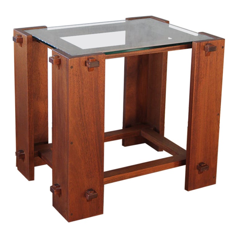 French wood and glass side table, 1970s in the manners of Pierre Chapo For Sale