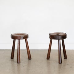 French Wood and Leather Tripod Stool