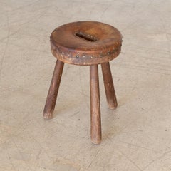 French Wood and Leather Tripod Stool