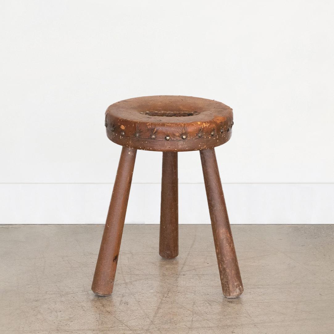 20th Century French Wood and Leather Tripod Stool For Sale
