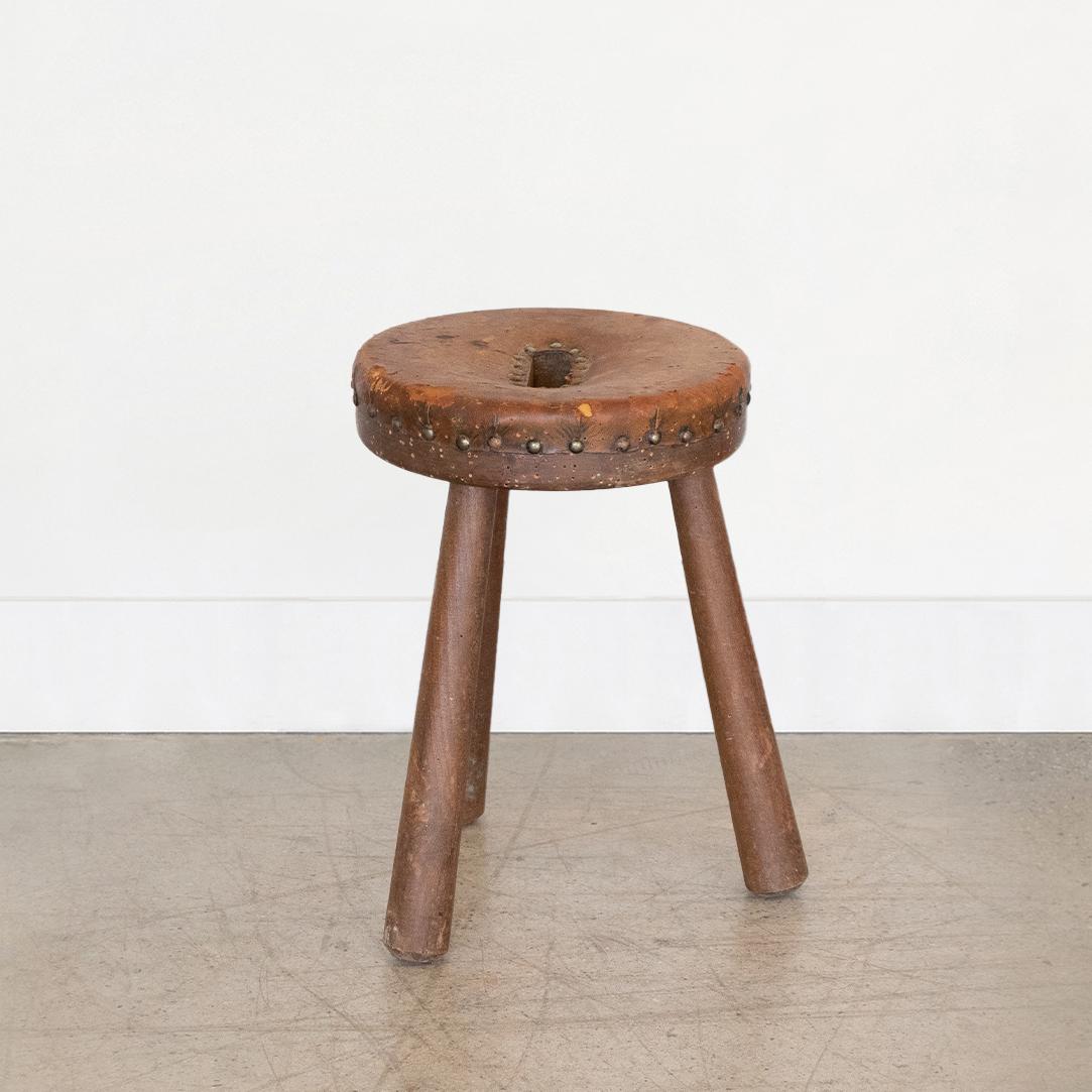 Metal French Wood and Leather Tripod Stool For Sale