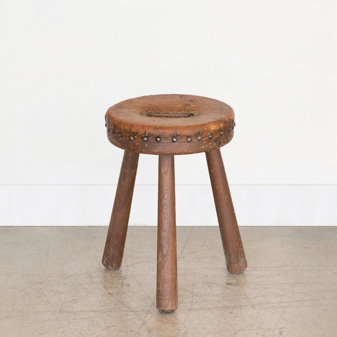 French Wood and Leather Tripod Stool For Sale 1