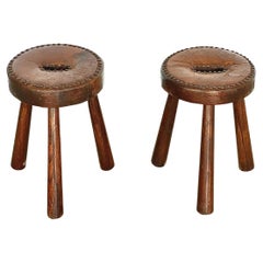 Vintage French Wood and Leather Tripod Stool