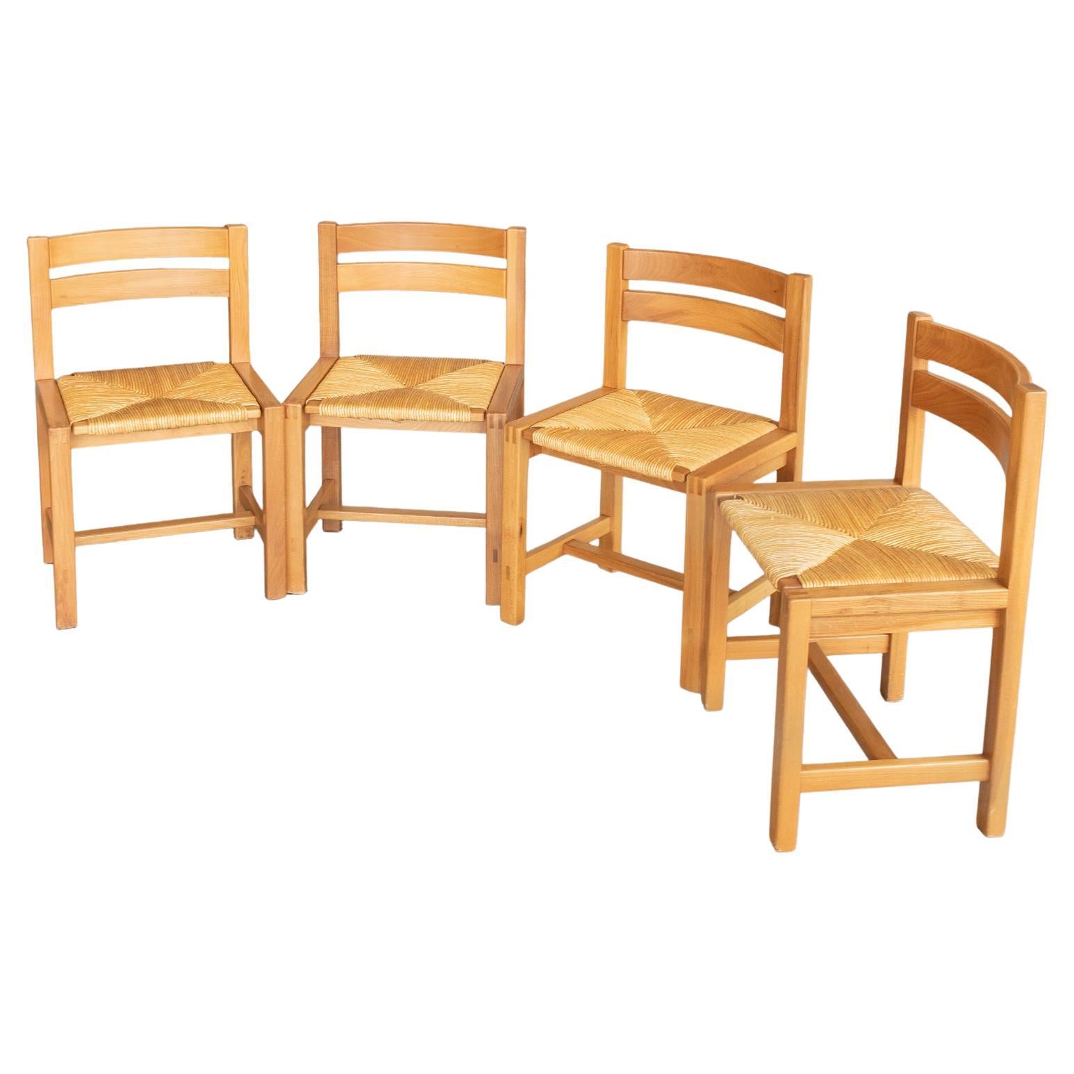 French Wood and Woven Chairs by Maison Regain, Set of 4 For Sale