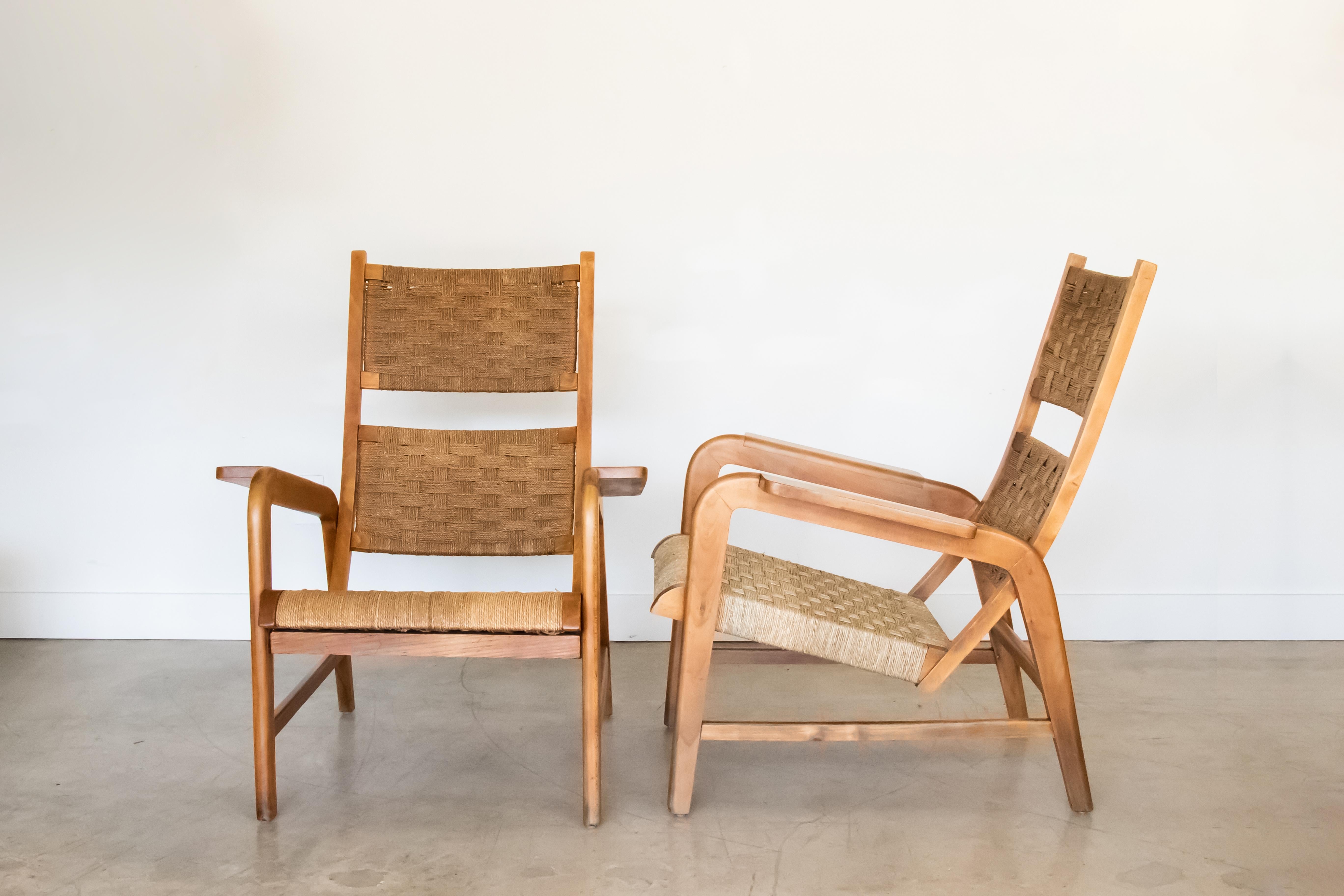 Italian 1940's Wood and Woven Lounge Chairs In Good Condition In Los Angeles, CA