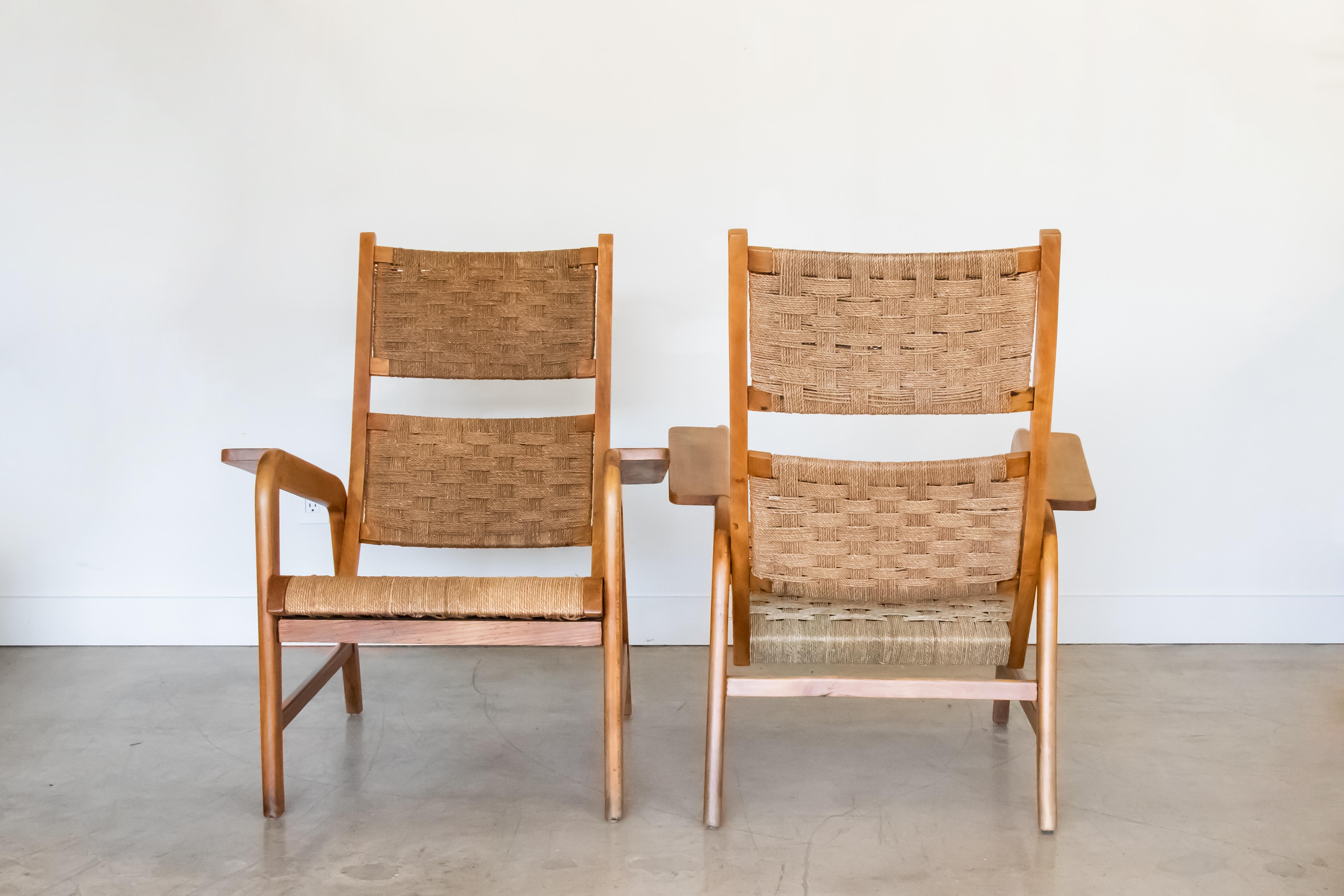 20th Century Italian 1940's Wood and Woven Lounge Chairs