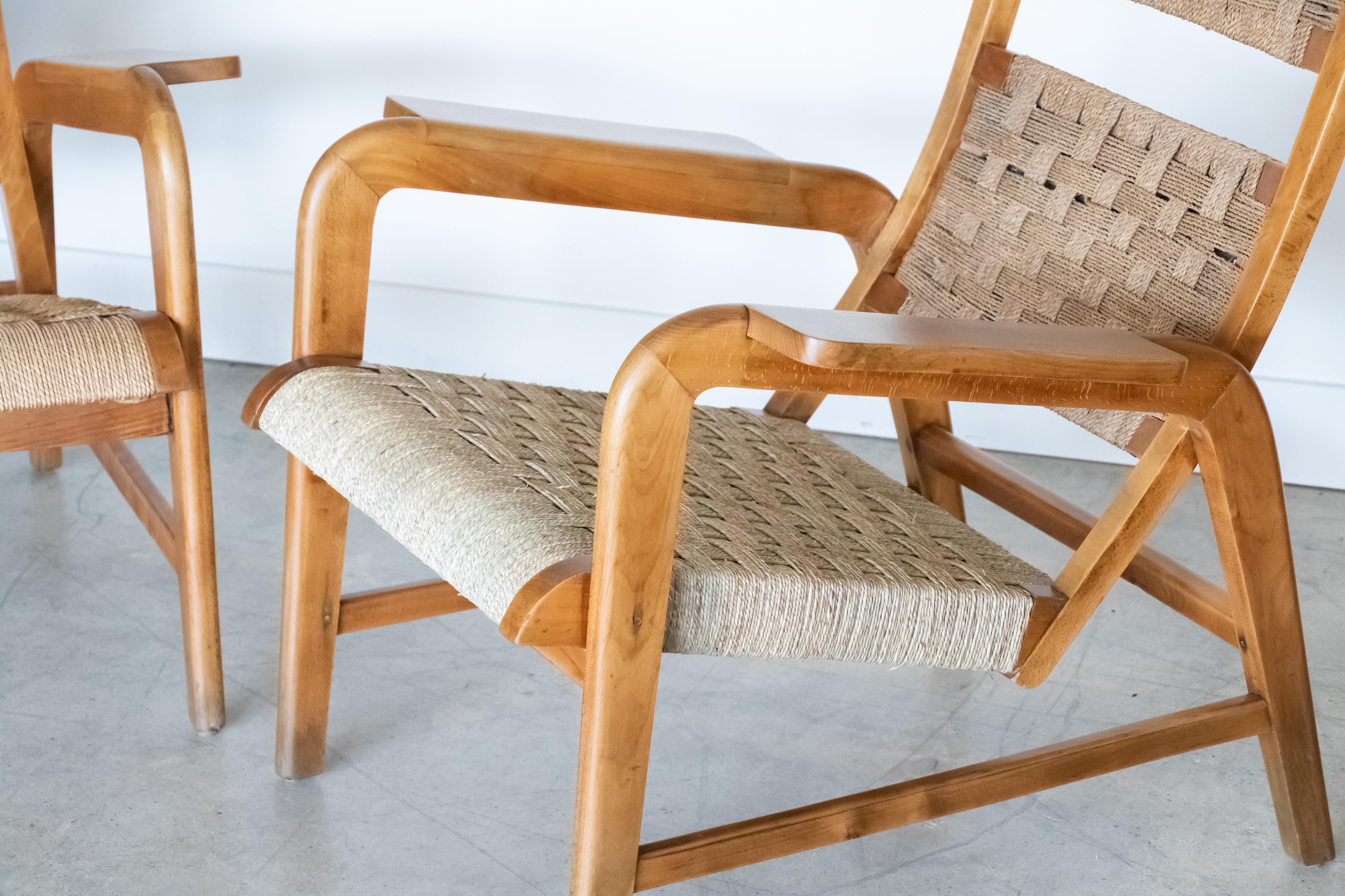 Seagrass Italian 1940's Wood and Woven Lounge Chairs
