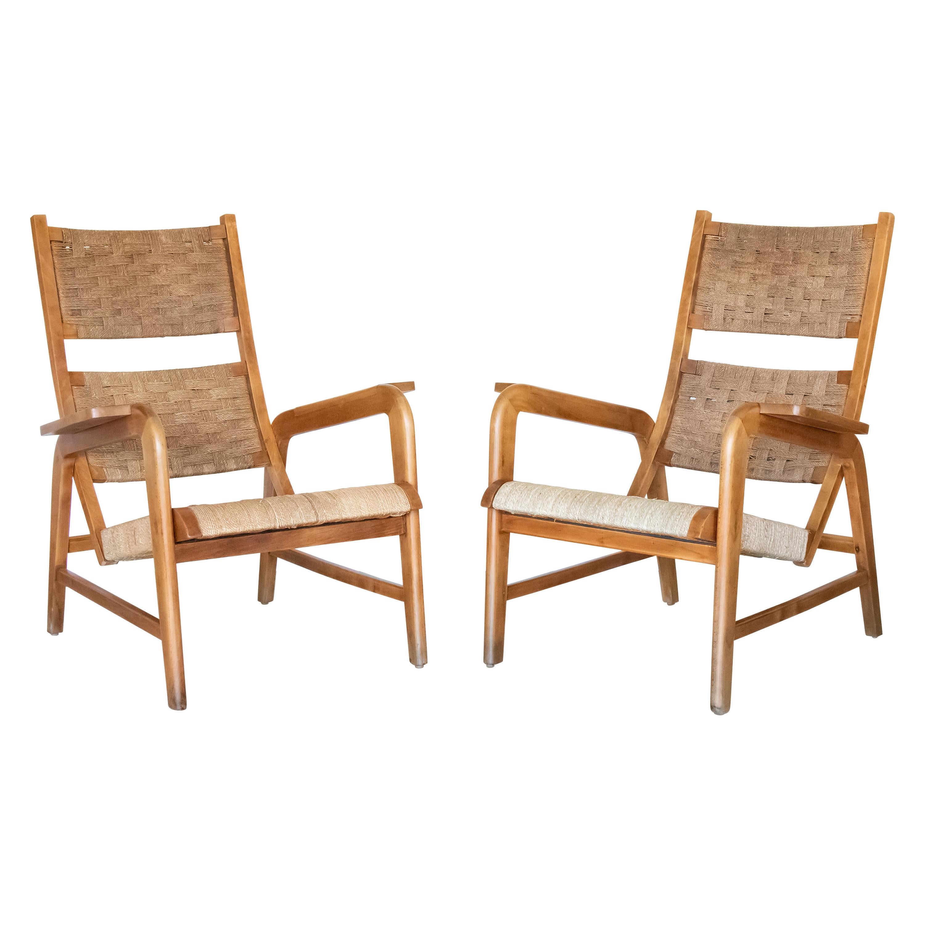 Italian 1940's Wood and Woven Lounge Chairs