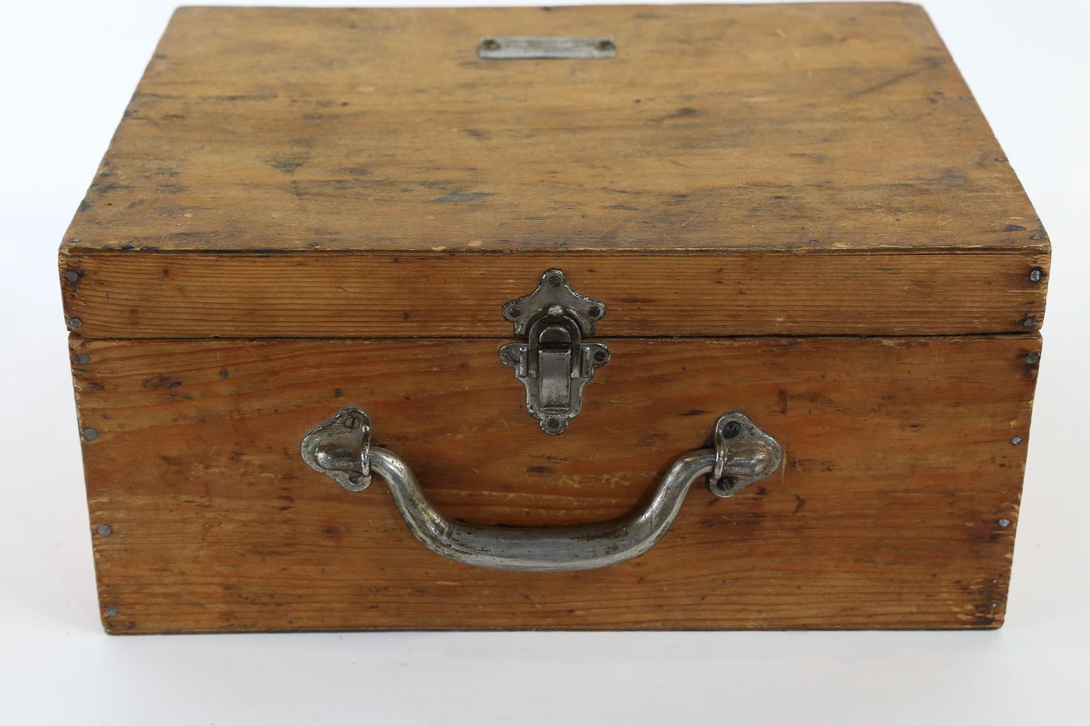 This wonderful French box was once used as a tool or specimen box. The metal plaque on the top of the box reads V. Brochier, Charance GAP, (Htes. Aples). This inscription leads us to believe the box was once used by Madame or Monsieur V. Brochier