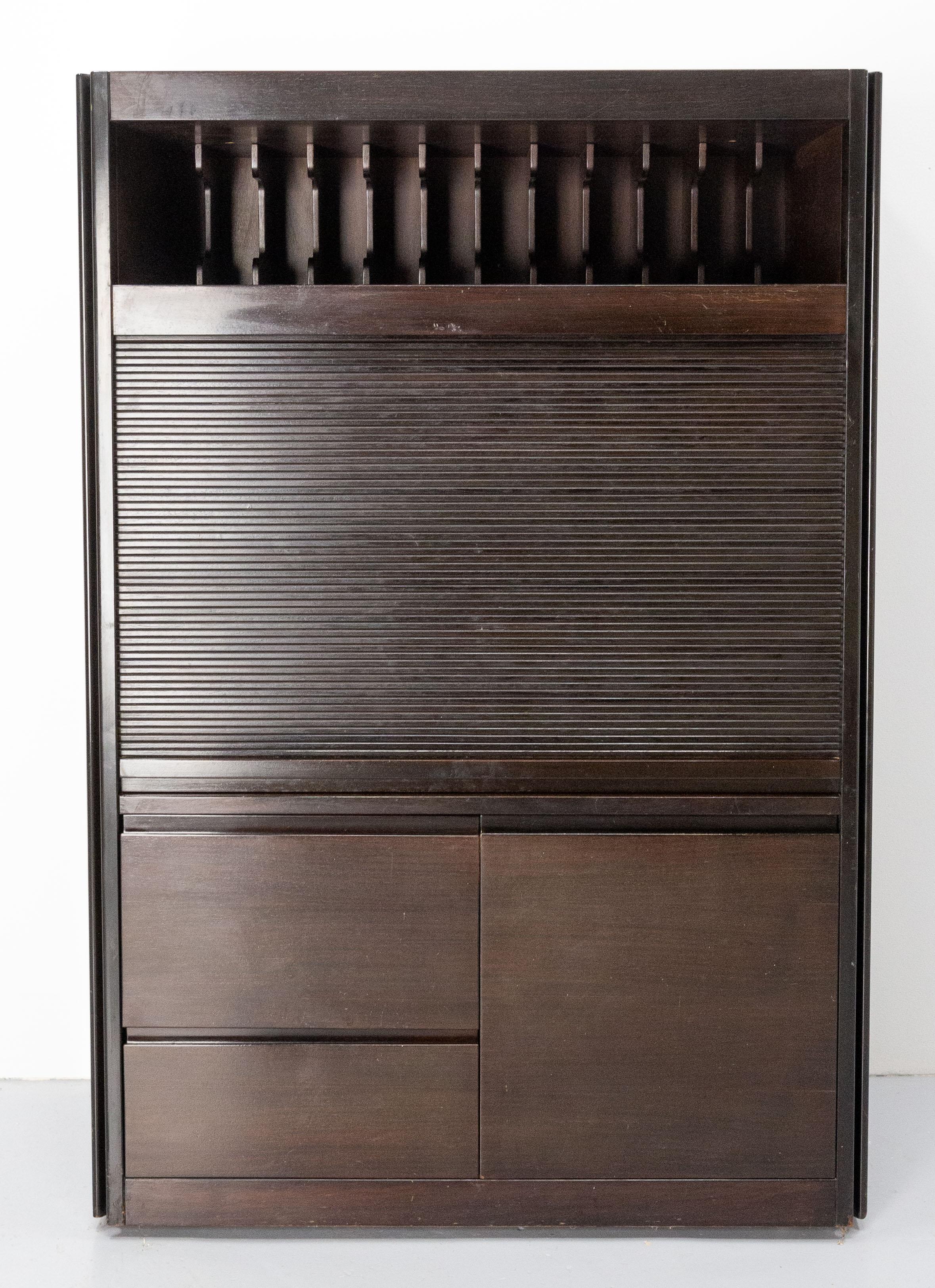 Cabinet with a roller door, or roll-top tambour door
France, circa 1980.
The shelves of the documents binder can be removable. This top-part is 7.48 in. high (19 cm).
The drawers have a very atypical size: the right one on the photos is D 32.28/W