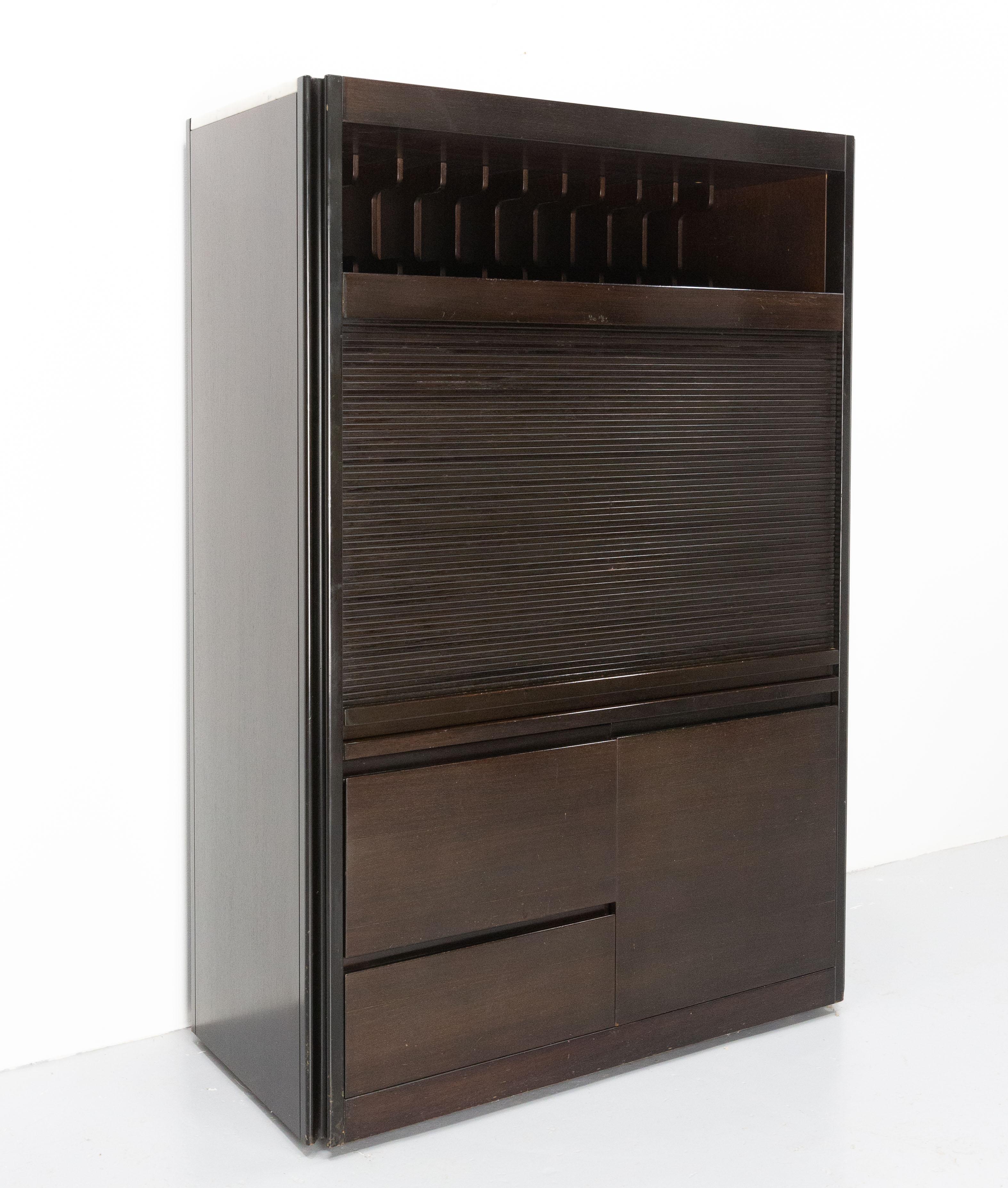 Mid-Century Modern French Wood Cabinet with Tambour Roll-Top, Drawers & Documents Binder, c. 1980 For Sale