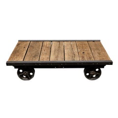 Antique French Wood Coffee Table on Wheels, circa 1890