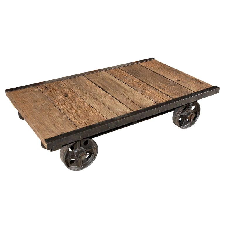French Wood Coffee Table on Wheels, circa 1890