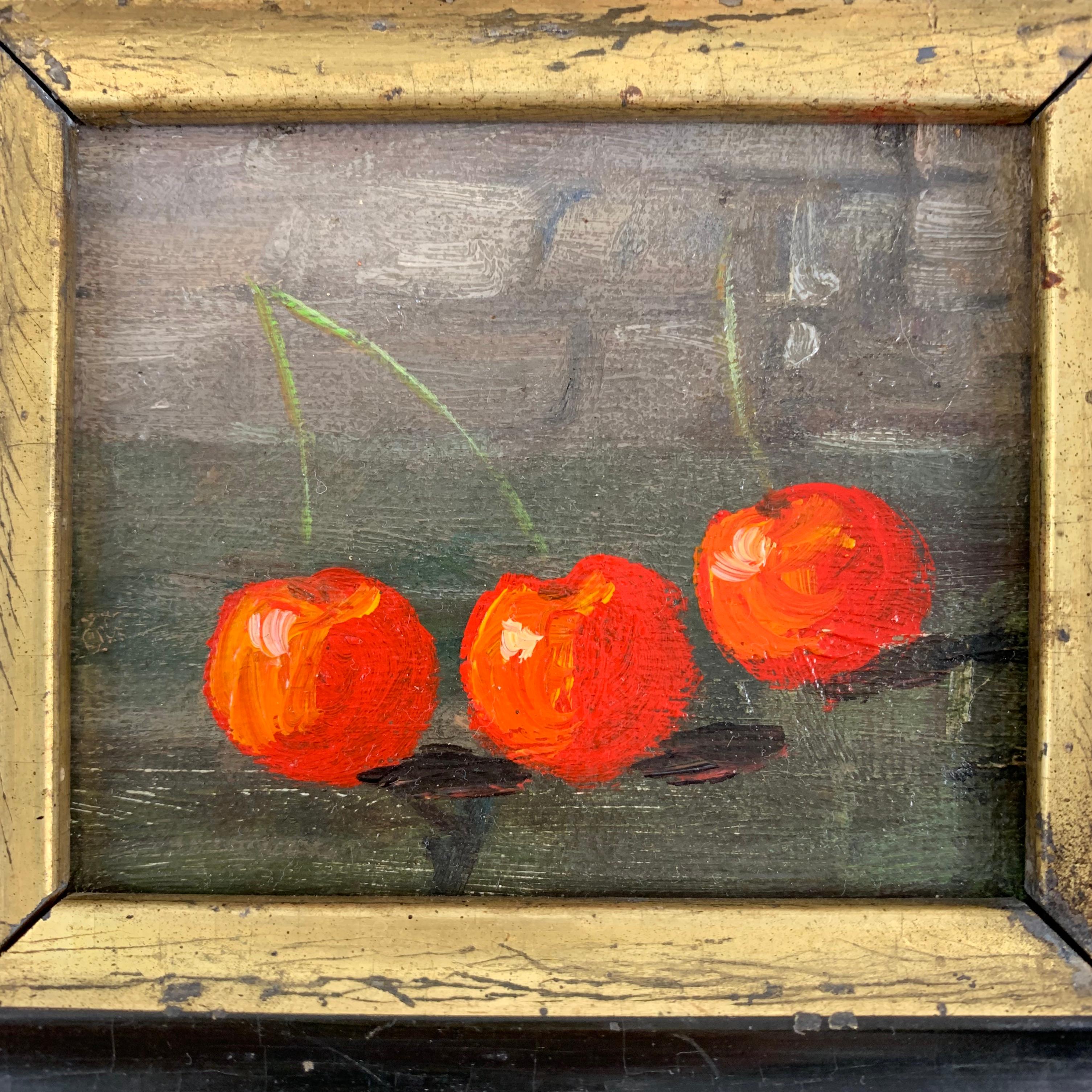 Gilt French Wood & Gold Leaf Framed Petite Red Cherry Oil Painting, Les Trois Cerises