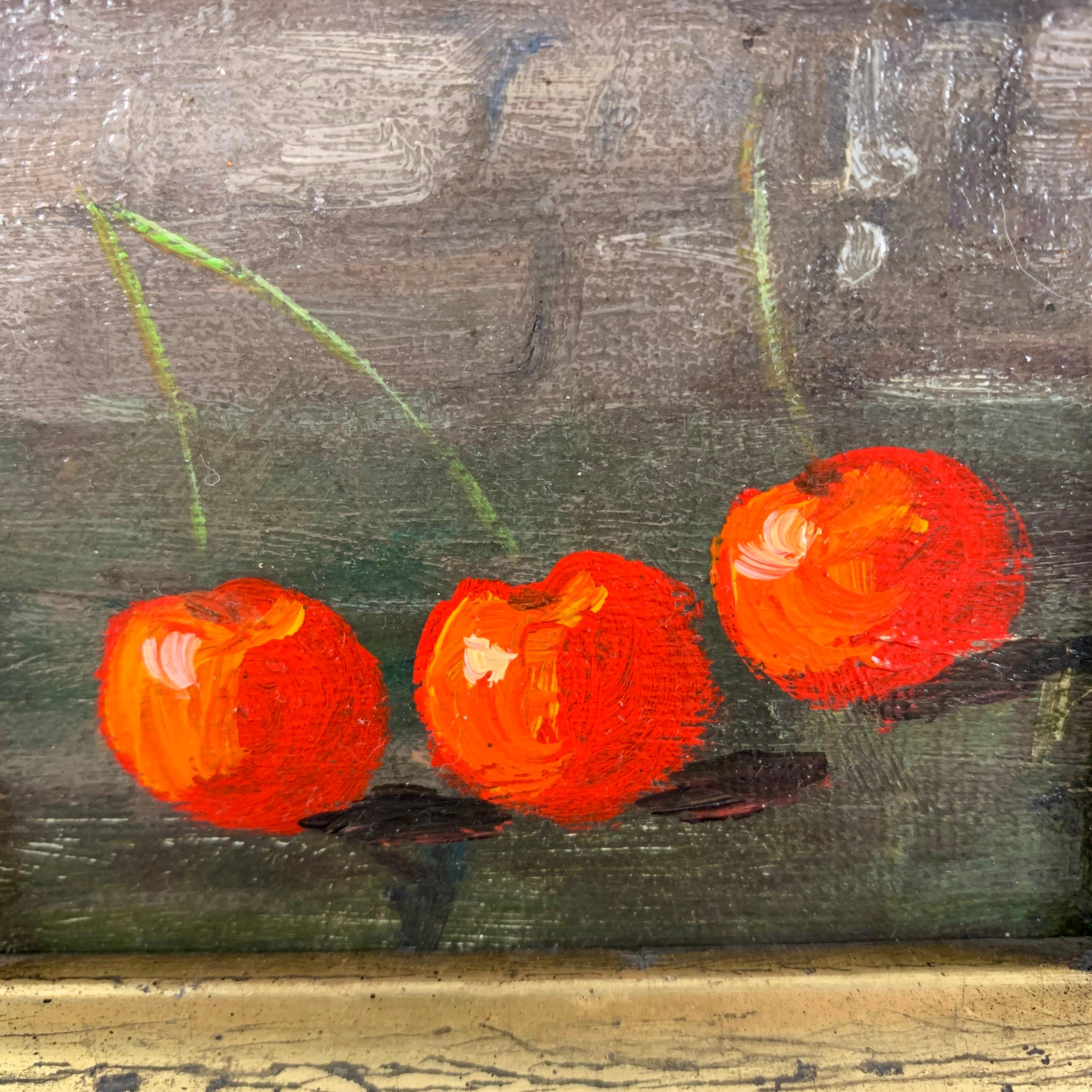 20th Century French Wood & Gold Leaf Framed Petite Red Cherry Oil Painting, Les Trois Cerises