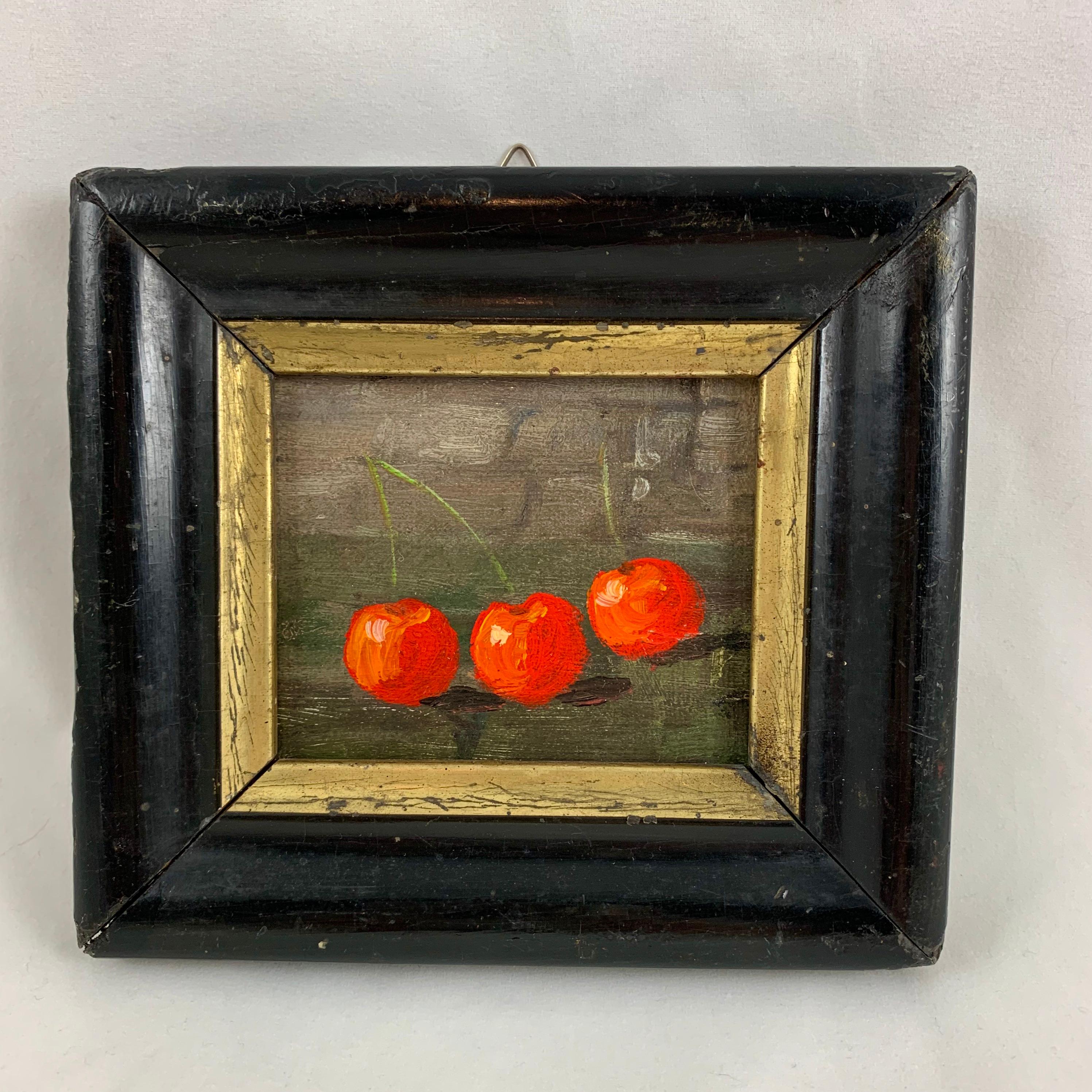 French Wood & Gold Leaf Framed Petite Red Cherry Oil Painting, Les Trois Cerises 3