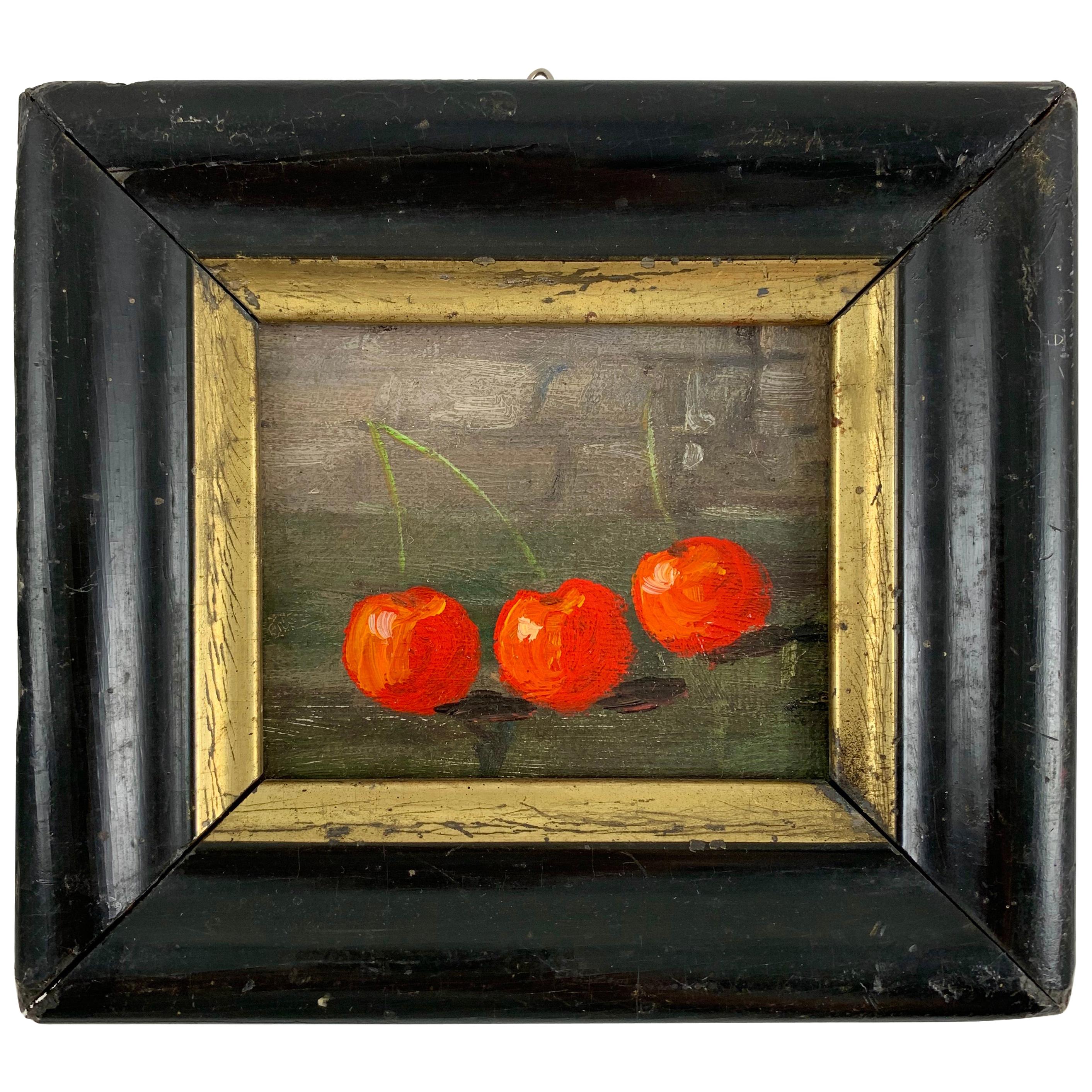 French Wood & Gold Leaf Framed Petite Red Cherry Oil Painting, Les Trois Cerises