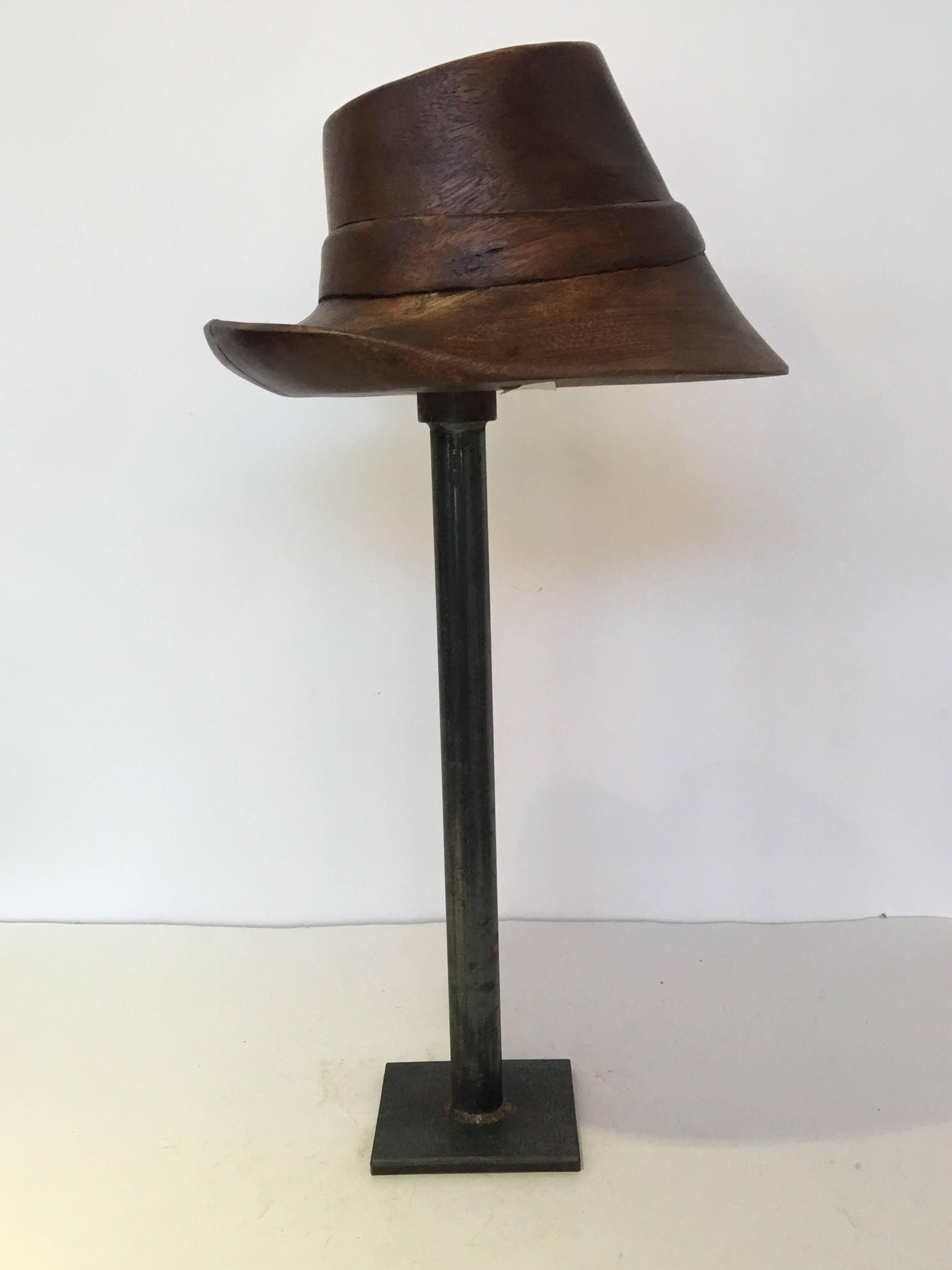 French wood hat mold on metal stand.
Fedora style hat
circa 1940s #430.