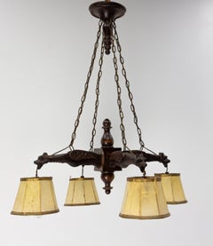 French Wood Lamp Four Gothic Gargouille Art Nouveau Style Pendant Lustre c. 1920