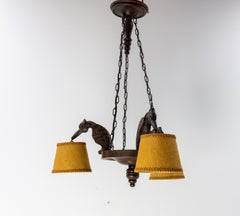 French Wood Lamp Three Birds Chimeras Gothic Art Nouveau St Pendant Lustre C1960