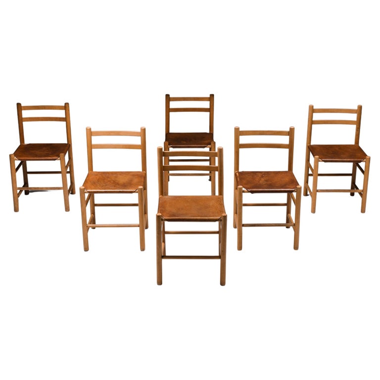 French Wood & Leather Dining Chairs, Mid-Century Modern, Craftsmanship, 1950's For Sale