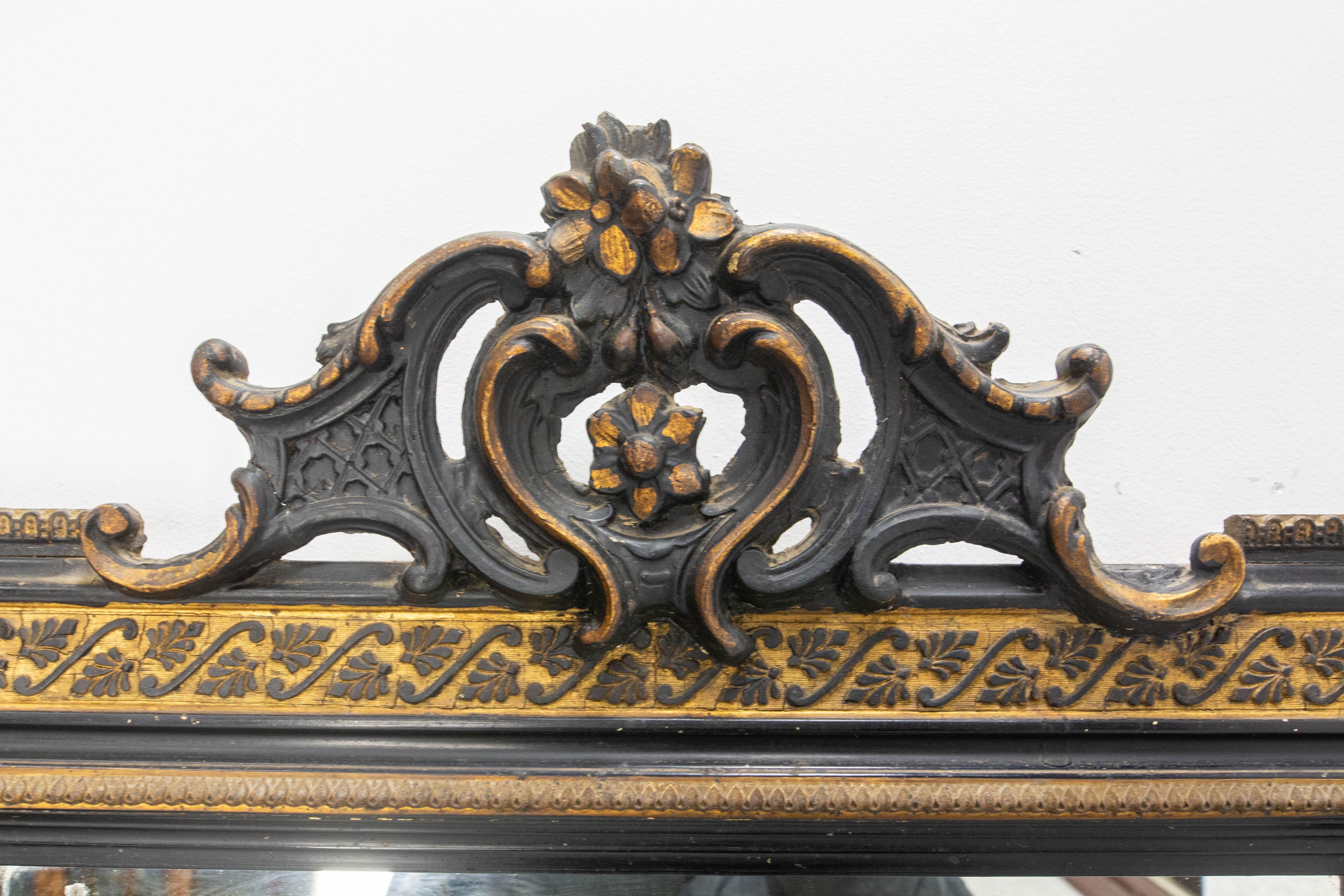 19th Century French Wood Napoleon III Wall Mirror Golden & Black, circa 1880 For Sale