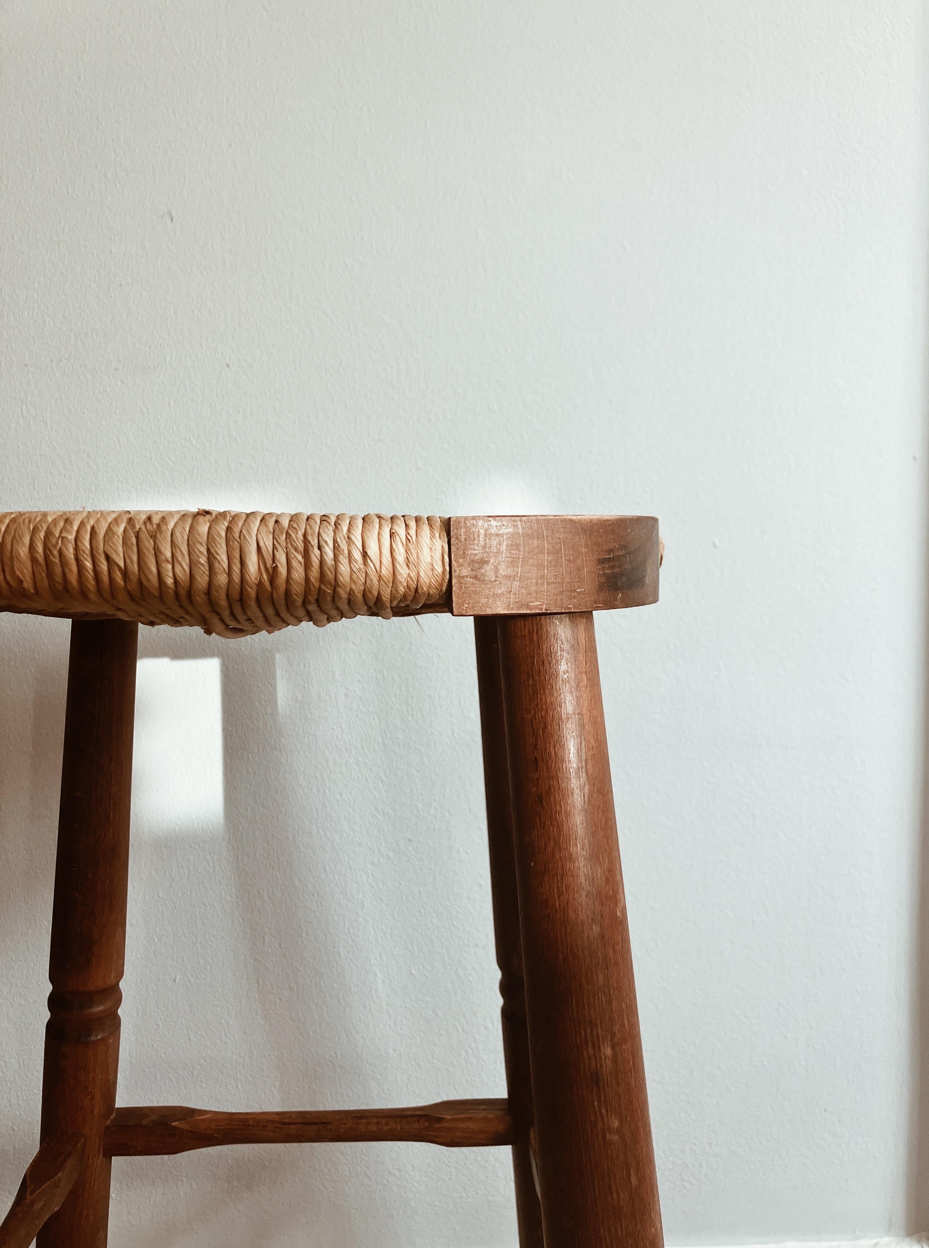 Introducing 2 vintage high stools. 

The combination of deep brown wood and paper cord gives a natural texture, but they also have a stylish design.

It blends well with rooms with various tastes and plays an active role.

The seats are wrapped in