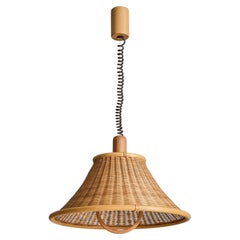 French Wood + Rattan Pendant, 1970s