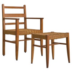 French Wood + Rope Armchair with Ottoman, 1950s