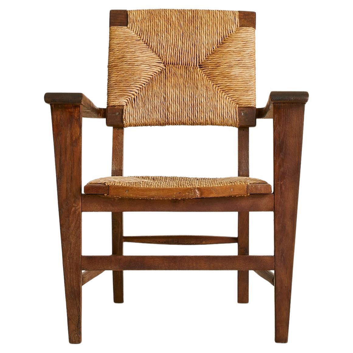 French Wood + Rush Armchair, 1940s - 2 Available