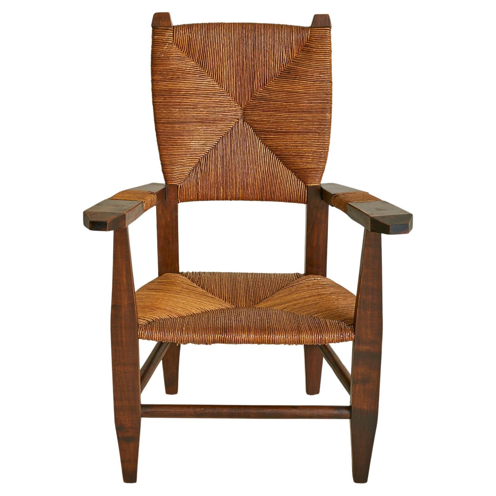 Poltrona francese in Wood + giunco alla maniera di Charlotte Perriand, anni '40 - 2 disponibili
