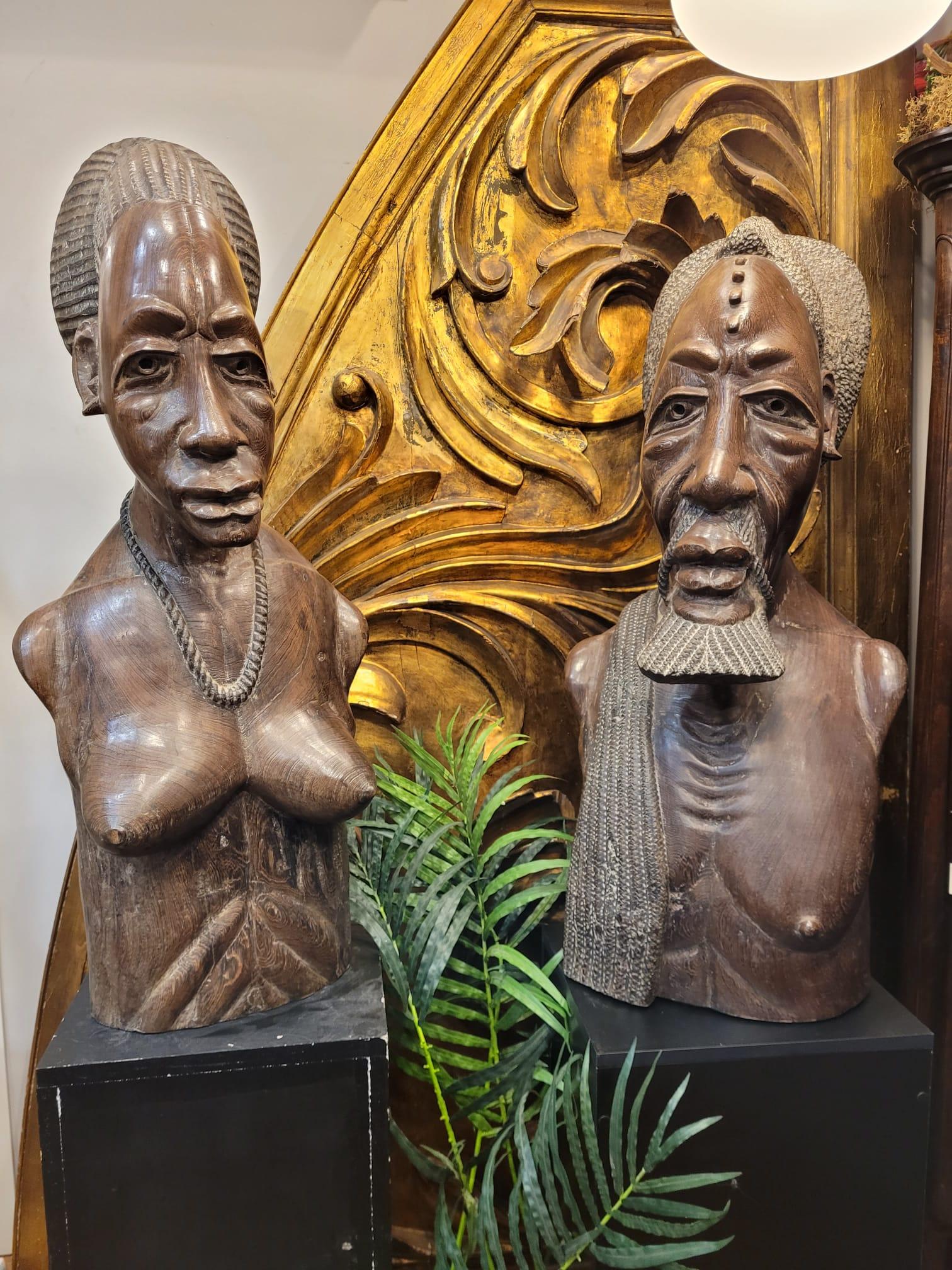 French Wood Sculptures, Couple of Busts, Sculptures of Africans from the Congo 5