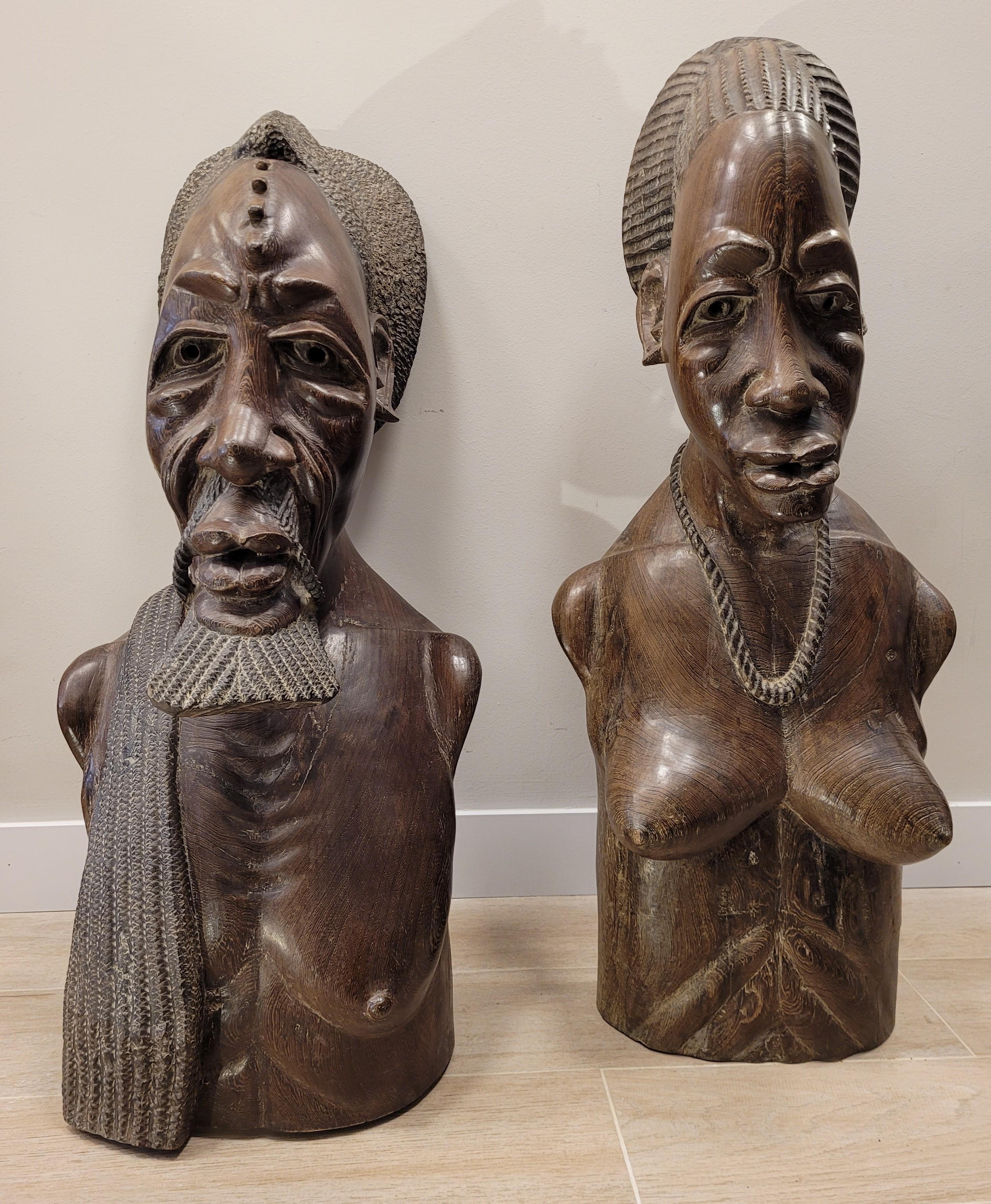 One of a kind pair of African busts, from the Congo region, made during the 1940s-1950s of the previous century, possibly a French artist

Both present the characteristic features of the race to which they belong: triangular and drooping eyes, a