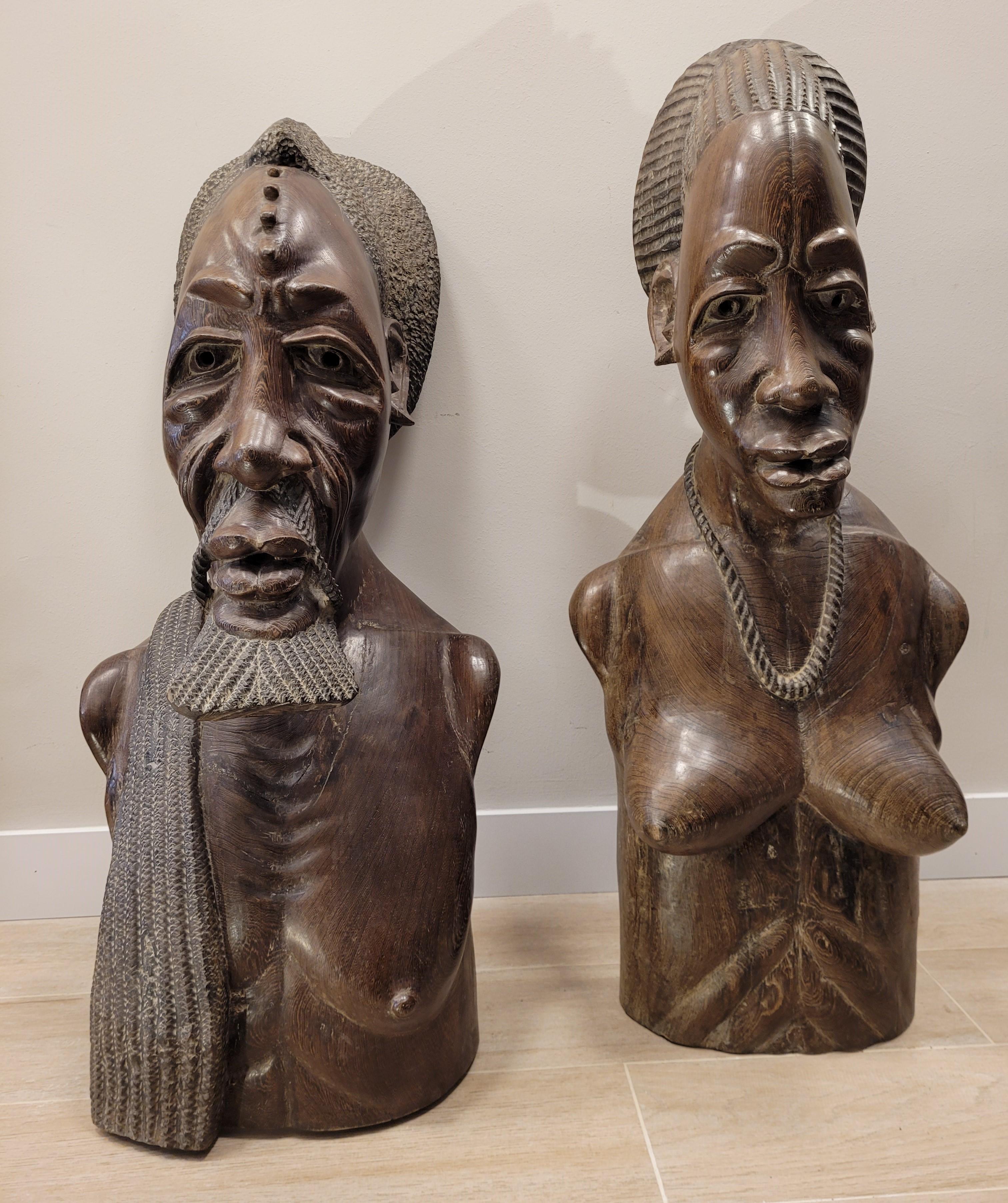 Art Deco French Wood Sculptures, Couple of Busts, Sculptures of Africans from the Congo