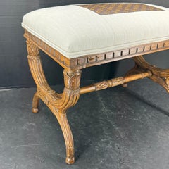 French Wood Stool Bench Upholstered in Louis Vuitton Monogram Fabric