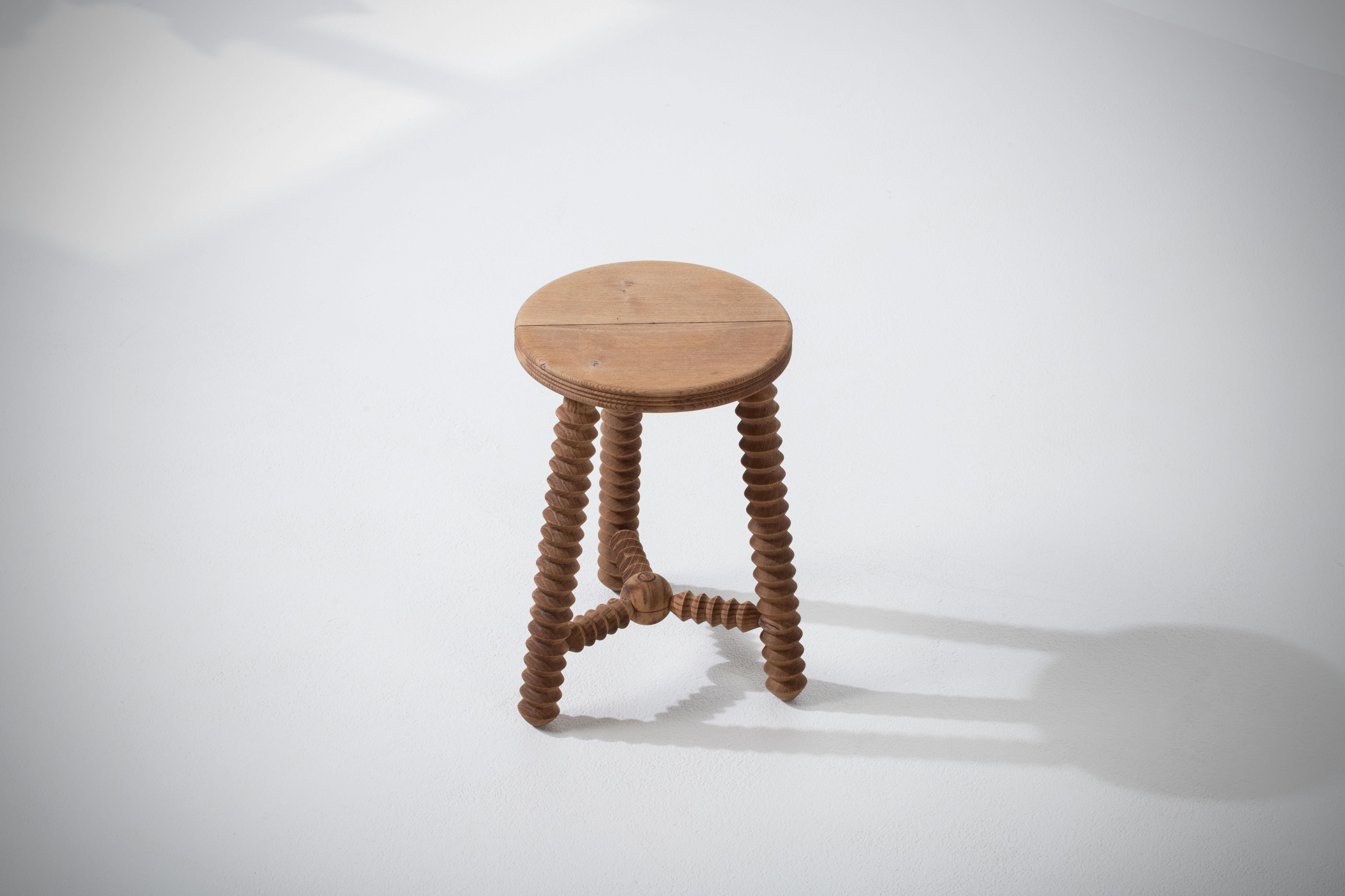 Oak French Wood Stool or Side Table, Charles Dudouyt