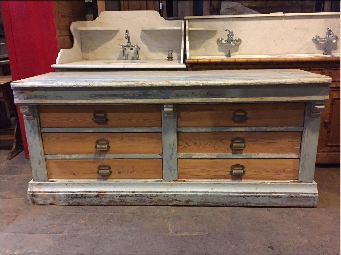 French wood store counter with six drawers from early 20th century.