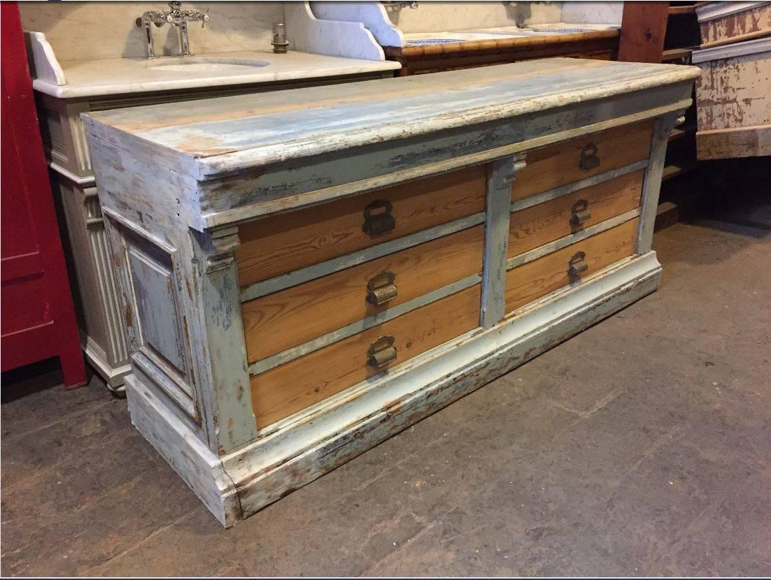 Industrial French Wood Store Counter with Six Drawers from Early 20th Century