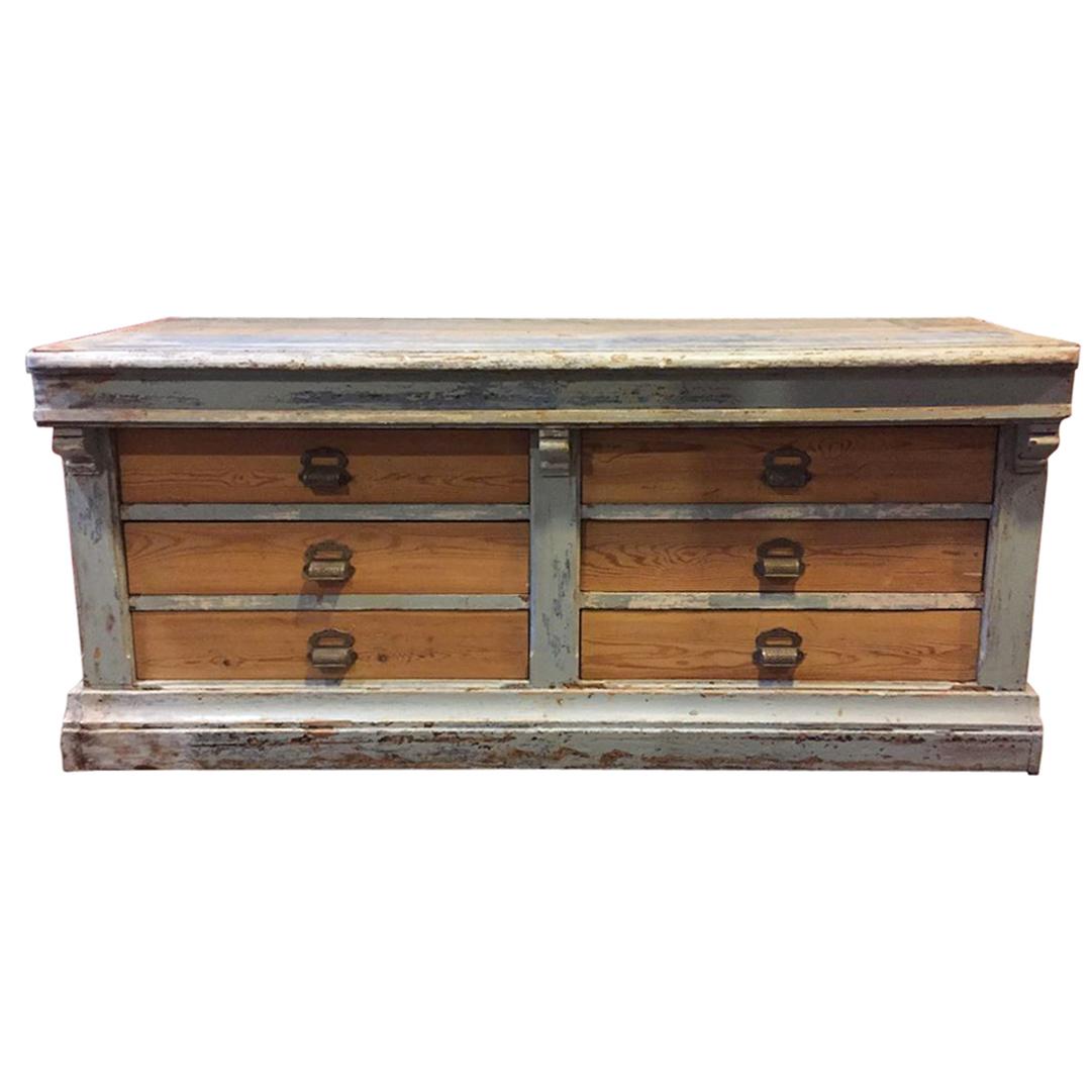 French Wood Store Counter with Six Drawers from Early 20th Century