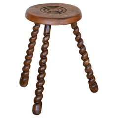 French Wood Tripod Stool with Twisted Legs