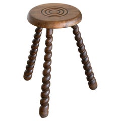 French Wood Tripod Stool with Twisted Legs