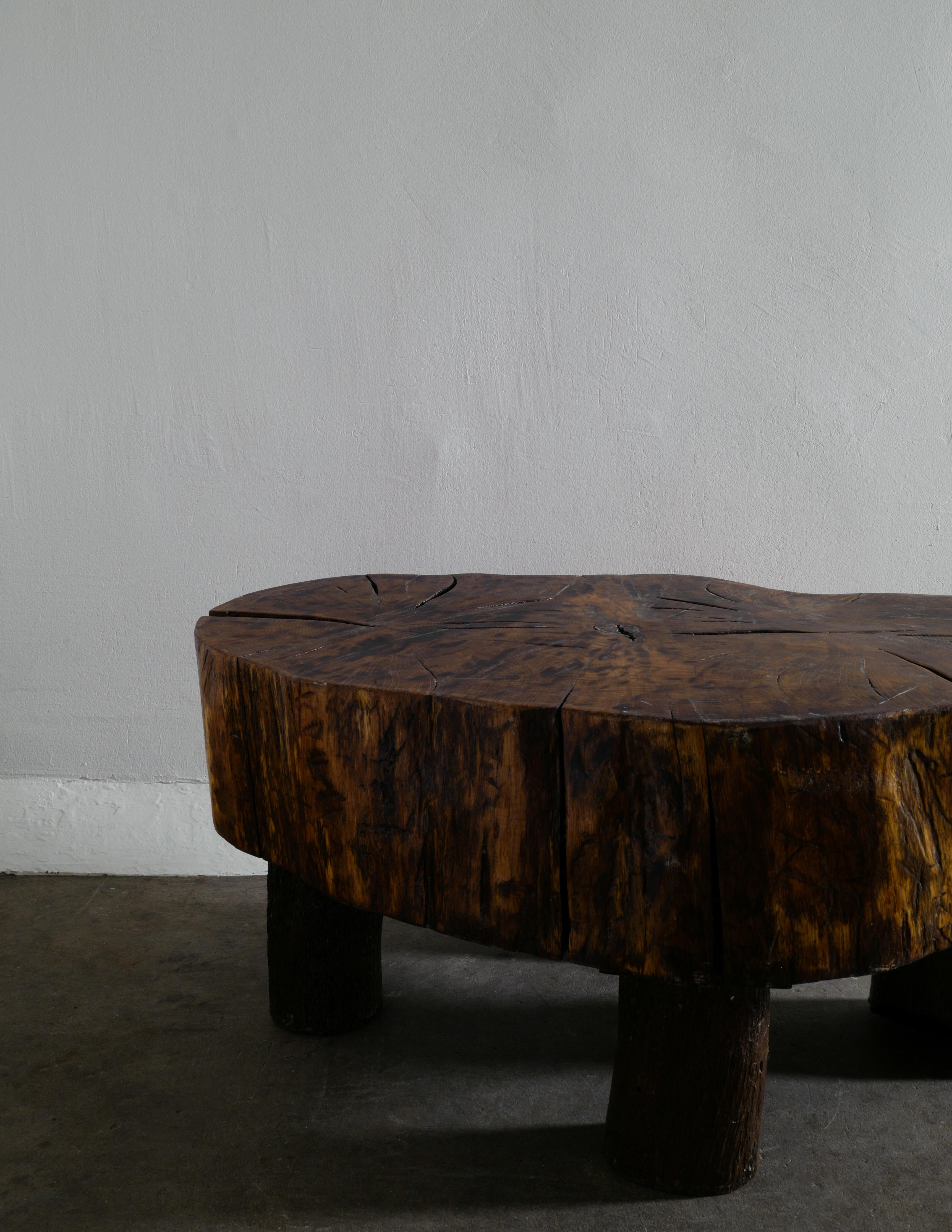 Elm French Wooden Brutalist Mid Century Coffee Sofa Table Produced in France 1950s