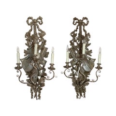 French Wooden Carved Silver Leaf Wall Sconces