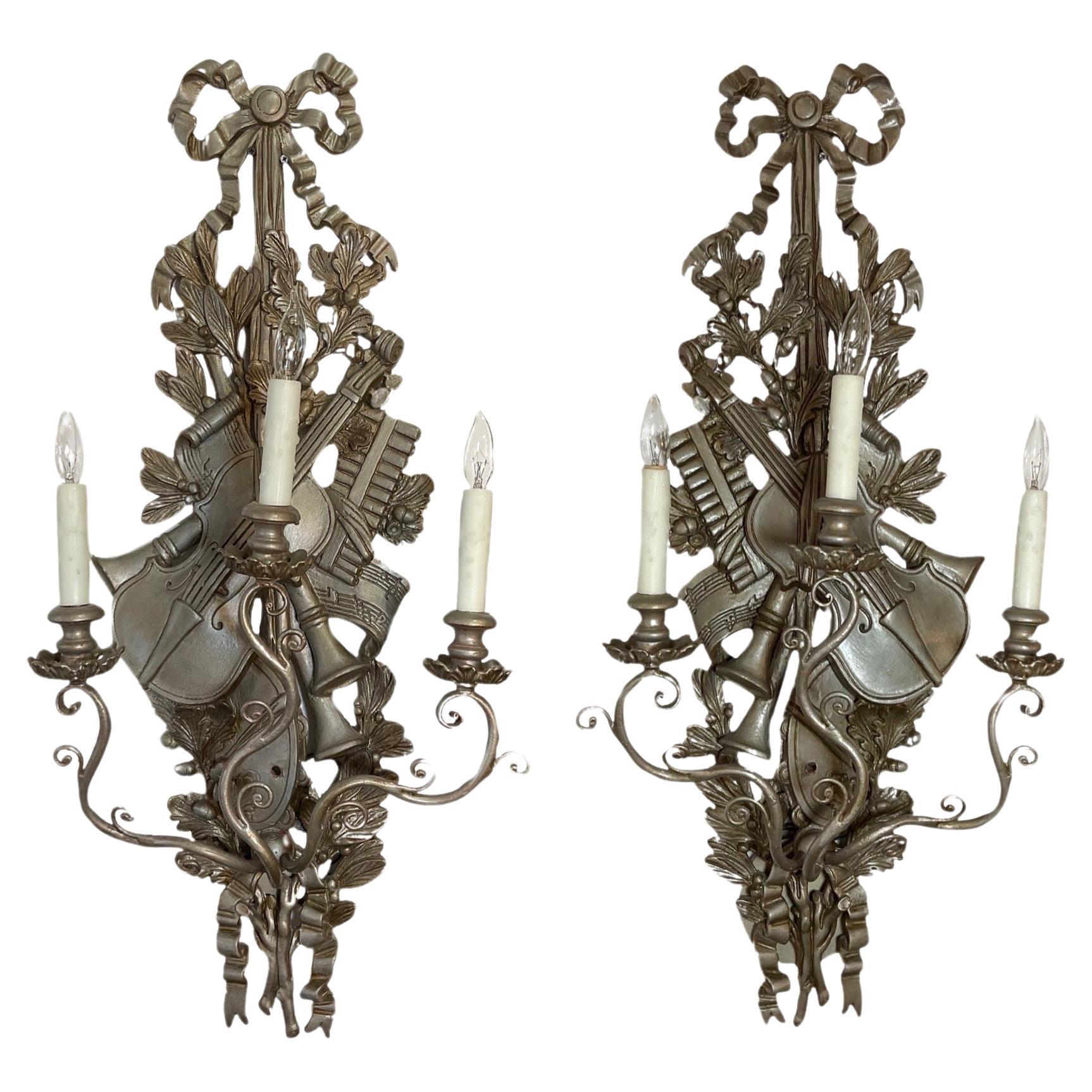 French Wooden Carved Silver Leaf Wall Sconces For Sale